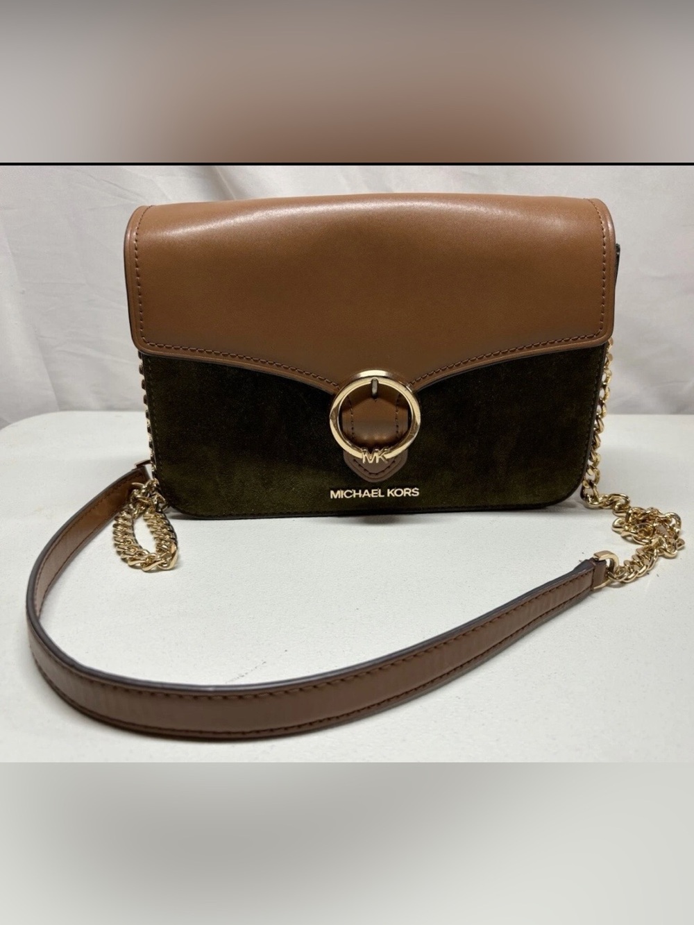 Michael Kors Brown Leather and Green Suede Crossbody with Gold Hardware